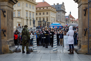 Image showing Castle Guard marching for changing of guards in front of Prague\'s castle