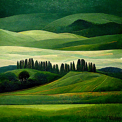 Image showing Well known Tuscany landscape with grain fields, cypress trees an