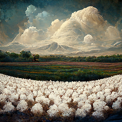 Image showing Cotton fields ready for harvesting, snow mountains and clouds.