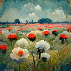 Image showing Beautiful poppy field and cloudy sky. Spring flower background, 