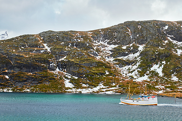 Image showing Fishing ship in fjord in Norway