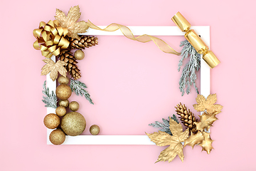 Image showing Christmas Pink Background Border with Tree Bauble Decorations 