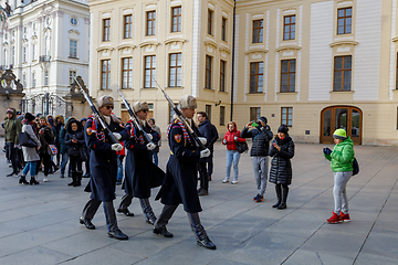 Image showing Castle Guard marching for changing of guards in front of Prague\'s castle