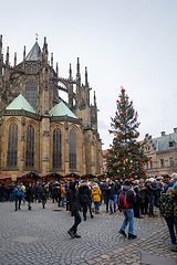 Image showing Christmas market at st. Vitus cathedral Square in Prague