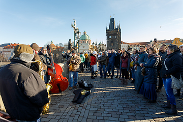 Image showing Charles Bridge with crowd of tourist