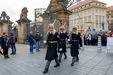 Image showing Castle Guard marching for changing of guards in front of Prague\'s castle