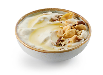 Image showing bowl of greek yogurt with honey and nuts