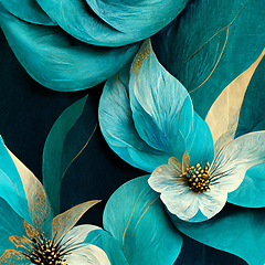 Image showing Blue and golden watercolor flower Illustration for prints, wall 