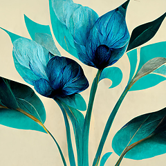 Image showing Blue and golden watercolor flower Illustration for prints, wall 