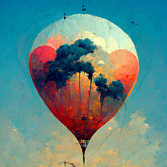 Image showing Beautiful fantasy hot air balloons against a blue sky and clouds