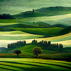 Image showing Well known Tuscany landscape with grain fields, cypress trees an