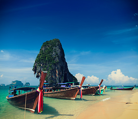 Image showing Long tail boat on beach, Thailand