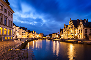 Image showing Ghent canal, Graslei and Korenlei streets in the evening. Ghent,