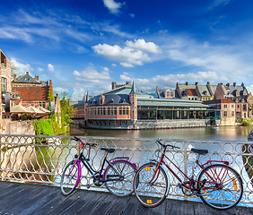 Image showing Bridge, bicycles and canal. Ghent, Belghium