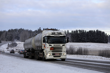 Image showing White Scania R Tank Truck For ADR Dangerous Goods in Winter