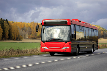 Image showing Red Bus on Highway in Autumn