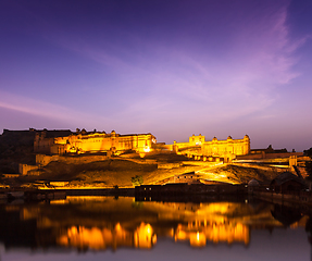 Image showing Amer Fort (Amber Fort) at night in twilight. Jaipur, Rajastan,