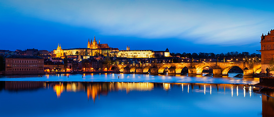 Image showing View of Charles Bridge Karluv most and Prague Castle Prazsky hrad in twilight. Panorama