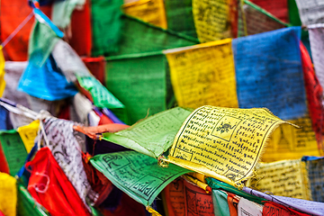 Image showing Buddhist prayer flags lungta with prayers, Ladakh