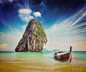 Image showing Long tail boat on beach, Thailand