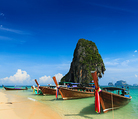 Image showing Long tail boat on beach, Thailand