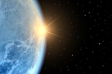 Image showing Planet Earth or alien planet with a rising sun in space