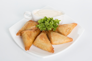 Image showing Traditional ukrainian stuffed pancakes with meat or benderyks with meat, selective focus