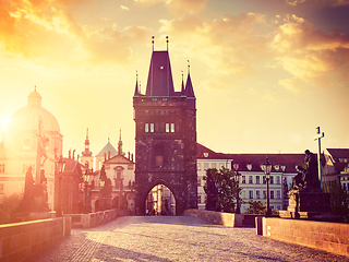 Image showing Charles bridge tower in Prague on sunrise