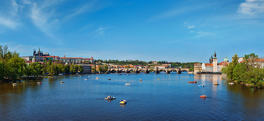 Image showing Panoramic view of Vltava river, Charles bridge and Gradchany Prague Castle