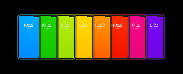 Image showing Rainbow colorful smartphone set banner. Isolated on black. 3D re