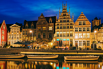 Image showing Graslei street and canal in the evening. Ghent, Belgium