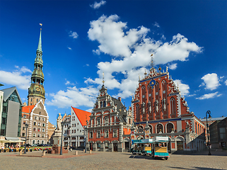 Image showing Riga Town Hall Square, House of the Blackheads and St. Peter's C