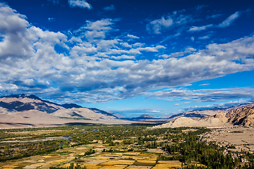 Image showing Himalayan landscape of Indus valley surrounded by Karakoram range Himalaya mountains. Ladakh, India