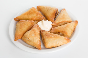 Image showing Traditional ukrainian stuffed pancakes with meat or benderyks with meat, selective focus