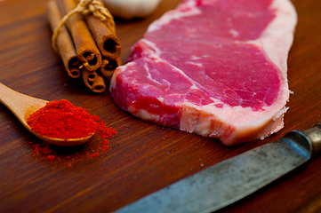 Image showing raw uncooked  ribeye beef steak butcher selection