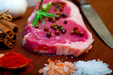 Image showing raw uncooked  ribeye beef steak butcher selection