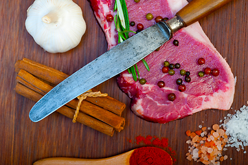 Image showing raw uncooked  ribeye beef steak butcher selection