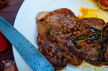 Image showing roasted grilled ribeye beef steak butcher selection