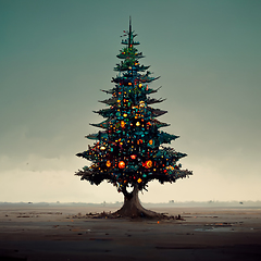 Image showing Christmas tree with decorations and gift boxes. Holiday backgrou