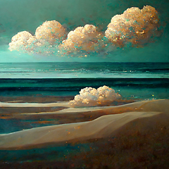 Image showing Sea beach landscape. Ocean view panorama, water sand and clouds.