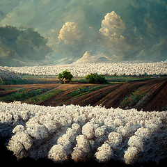 Image showing Cotton fields ready for harvesting, snow mountains and clouds. 