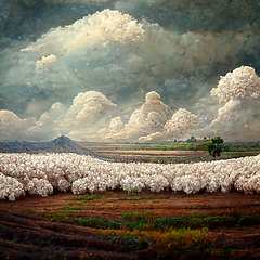 Image showing Cotton fields ready for harvesting, snow mountains and clouds.