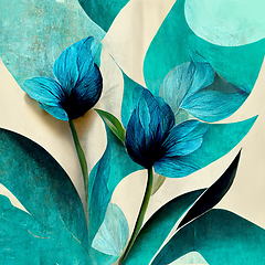 Image showing Blue and golden watercolor flower Illustration for prints, wall 