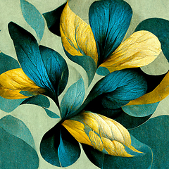 Image showing Teal and yellow abstract flower Illustration for prints, wall ar