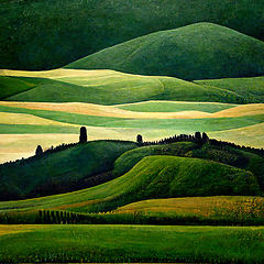 Image showing Well known Tuscany landscape with grain fields, cypress trees an