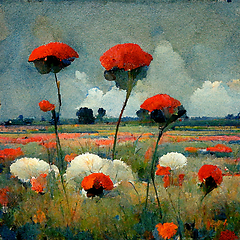 Image showing Beautiful poppy field and cloudy sky. Spring flower background, 