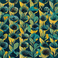 Image showing Teal and yellow abstract flower pattern for prints, wall art, co