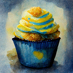 Image showing Yellow and blue watercolor cupcake decorated with fruits. Delici