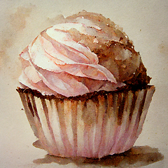 Image showing Pink watercolor cupcake decorated with fruits. Delicious vanilla