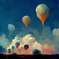 Image showing Beautiful fantasy hot air balloons against a blue sky and clouds